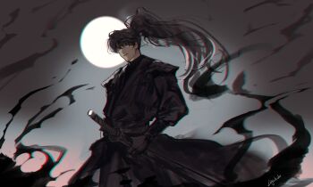 Rule 34 | 1boy, absurdres, bad link, black eyes, black hair, black robe, chromatic aberration, cowboy shot, curtained hair, from below, high ponytail, highres, holding, holding sheath, logicsterrr, long hair, looking at viewer, male focus, moon behind head, ponytail, robe, scabbard, serious, shadow slave, sheath, shoulder pads, smoke, solo, sunny (shadow slave), waistband