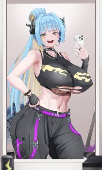 1girl absurdres bass_guitar belt blonde_hair blue_hair bracelet breasts can cellphone choker colored_inner_hair commission covered_erect_nipples drink_can earrings eomo_(pyum3252) fafnir_(last_origin) fake_tail fang fingerless_gloves full-length_mirror gloves highres instrument jewelry large_breasts last_origin loose_belt mirror mirror_selfie multicolored_hair nail_polish navel official_alternate_costume official_alternate_hairstyle phone ponytail ring selfie shirt skin_fang smartphone solo sticker sticker_on_face tail torn_clothes torn_shirt