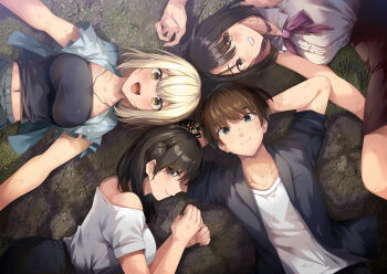 1boy 3girls arms_behind_head asakura_ageha black_eyes black_hair black_skirt black_tank_top blonde_hair blue_pants blue_shirt blush bow breasts brown_eyes brown_hair chouno_tsutomu closed_mouth collar collarbone colored_inner_hair commentary_request dirty dirty_clothes dirty_face frilled_collar frills green_eyes hair_between_eyes highres large_breasts looking_at_viewer lying medium_hair midriff_peek mole mole_under_eye multicolored_hair multiple_girls navel omura_saki on_back on_ground on_side open_clothes open_mouth open_shirt outdoors pants pink_hair purple_bow ryouma_(galley) shirt shirt_tucked_in short_hair skirt sleeveless sleeveless_shirt smile tank_top tateha_ruri white_shirt yumeochi_-_yume_de_bokura_wa_koi_ni_ochiru