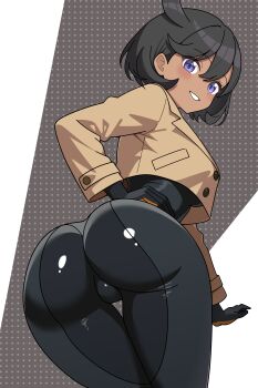 1girl absurdres ass black_bodysuit black_gloves black_hair bodysuit brown_coat coat commentary_request commission dark-skinned_female dark_skin emma_(pokemon) from_behind gloves hand_on_own_hip highres long_sleeves looking_at_viewer nintendo odorukaminoke pixiv_commission pokemon pokemon_legends:_z-a purple_eyes short_hair smile solo