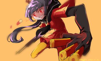 1girl absurdres alice_soft ammunition balsamico_su black_gloves black_hair black_neckerchief blunt_bangs dohna_dohna_issho_ni_warui_koto_o_shiyou dress elbow_gloves evil_grin evil_smile gloves glowing glowing_eyes grin gun highres holding holding_gun holding_weapon long_hair looking_at_viewer neckerchief ponytail red_dress red_eyes sailor_collar sharp_teeth shell_casing shotgun shotgun_shell simple_background smile solo teeth tsuina_(dohna_dohna) very_long_hair weapon yellow_background yellow_leggings