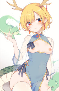 alternate_costume blonde_hair blush breasts china_dress chinese_clothes closed_mouth commentary_request covered_navel dress eastern_dragon_horns eastern_dragon_tail hair_between_eyes highres kicchou_yachie long_sleeves looking_at_viewer nipples otter otter_spirit_(touhou) red_eyes see-through_clothes see-through_sleeves short_hair sitting small_breasts tama_(soon32281) thighhighs thighs touhou white_background white_thighhighs