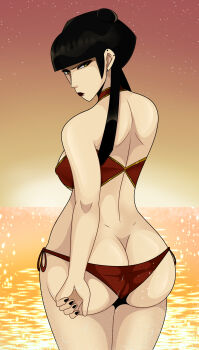 1girl annoyed ass avatar:_the_last_airbender avatar_legends bikini black_hair black_lips black_nails breasts double_bun ear_piercing from_behind hair_bun large_breasts long_hair looking_at_viewer looking_back mai_(avatar) nail_polish nickelodeon ocean orange_sky pale_skin piercing red_bikini side-tie_bikini_bottom sky sonson-sensei standing star_(sky) starry_sky sunset swimsuit twintails water wet yellow_eyes
