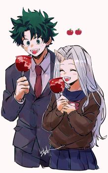 1boy 1girl absurdres bibiri_(r42r98r) black_jacket black_pants blue_skirt blush boku_no_hero_academia bow bowtie brown_sweater candy_apple closed_eyes collared_shirt commentary_request cropped_legs curtained_hair eri_(boku_no_hero_academia) food freckles green_eyes green_hair grey_hair highres holding holding_candy_apple holding_food horns jacket long_sleeves midoriya_izuku necktie open_mouth pants red_bow red_bowtie red_necktie shirt short_hair signature simple_background single_horn skirt smile sweater tongue tongue_out white_background white_shirt