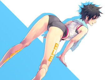 1girl amiya64k7 angry arched_back arisawa_tatsuki arm_support ass back bare_arms bare_legs barefoot bent_over black_hair bleach blouse bra bra_strap cameltoe copyright_name female_focus furrowed_brow grey_eyes kneepits legs looking_at_viewer looking_back micro_shorts parted_lips shirt short_hair shorts sleeveless sleeveless_shirt solo spiked_hair standing striped_bra striped_clothes striped_shorts sweat tank_top teeth tongue towel towel_around_neck underwear unmoving_pattern white_shirt