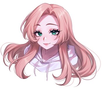 1girl aegyo_sal brown_hair closed_mouth collarbone commentary commission cropped_shoulders curtained_hair drawstring english_commentary eyelashes eyes_visible_through_hair from_above green_eyes hair_over_shoulder highres hood hood_down hoodie lips long_hair looking_at_viewer original pink_lips raised_eyebrows sasucchi95 sidelocks simple_background smile solo tsurime white_background white_hoodie