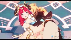 1boy 1girl aether_(genshin_impact) ahoge aline_en animated armlet audible_internal_cumshot black_gloves blonde_hair bouncing_breasts breasts carpet cleft_of_venus cum cum_in_pussy ejaculation fake_horns genshin_impact gloves hetero horns indoors jewelry legs_together long_hair lying medium_breasts moaning neck_ring nilou_(genshin_impact) on_ground open_mouth pants penis red_hair sex sex_from_behind sound thighs vaginal very_long_hair video yellow_eyes