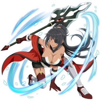 1girl anime_coloring arm_support armored_boots bare_shoulders black_hair boots breasts cleavage closed_mouth danmachi_memoria_freese dark-skinned_female dark_skin dungeon_ni_deai_wo_motomeru_no_wa_machigatteiru_darou_ka earrings eyepatch full_body fur-trimmed_gloves fur_trim game_cg garter_straps gloves hand_up high_ponytail holding holding_polearm holding_weapon japanese_clothes jewelry large_breasts long_hair looking_at_viewer official_alternate_costume official_alternate_hairstyle official_art on_one_knee polearm ponytail red_eyes red_gloves sidelocks smile solo thigh_boots third-party_source tsubaki_collbrande weapon