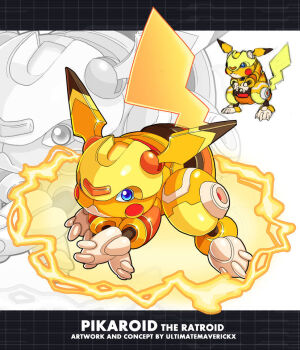 Rule 34 | armor, blue eyes, commentary, crossed arms, electricity, electrokinesis, english commentary, gen 1 pokemon, looking at viewer, mechanization, mega man (series), mega man zx, nintendo, non-humanoid robot, parody, pikachu, pointy ears, pokemon, pokemon (creature), robot, robot animal, squatting, style parody, tagme, tail, ultimatemaverickx, yellow armor