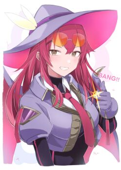 1girl black_bodysuit bodysuit border breasts cropped_jacket demon_girl demon_wings double_finger_gun duel_monster evil_twin_ki-sikil eyewear_on_head finger_gun green_eyes hat highres jacket ki-sikil_(yu-gi-oh!) large_breasts parted_lips purple_hat purple_jacket red_hair sakuragi_raia smile solo sunglasses upper_body white_border wings yu-gi-oh!