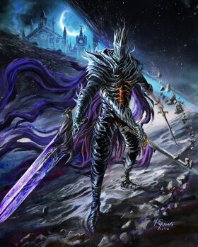 1other ariamis_arts armor cape elden_ring elden_ring_nightreign extra_arms full_armor full_body gauntlets helmet heolstor_the_nightlord highres holding holding_sword holding_weapon huge_weapon leg_armor purple_cape short_sword shoulder_armor solo space standing sword weapon