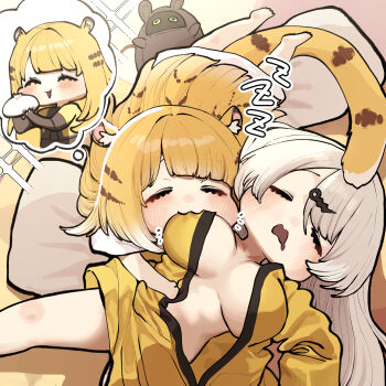 2girls absurdres animal_ear_fluff animal_ears bangboo_(zenless_zone_zero) blonde_hair blush breast_sucking breasts chibi chibi_only chroong dreaming highres ju_fufu large_breasts long_hair multicolored_hair multiple_girls naked_robe no_nose open_clothes open_mouth open_robe pillow robe sleeping tail tiger_ears tiger_girl white_hair yixuan_(zenless_zone_zero) yuri zenless_zone_zero zzz