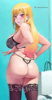 1girl ass ass_focus bag barbell_piercing blonde_hair blush bra bracelet breasts ear_piercing earrings fitting_room from_behind g-string gradient_hair grin hoop_earrings indoors industrial_piercing jewelry kitagawa_marin large_breasts lingerie long_hair looking_back multicolored_hair nail_polish paper_bag piercing pink_nails red_eyes red_hair smile solo sono_bisque_doll_wa_koi_wo_suru standing teeth thighhighs thong underwear watermark wazu-san web_address