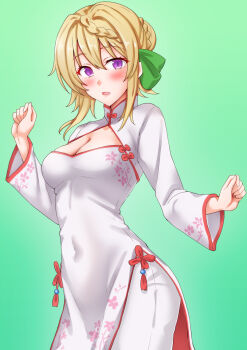 1girl anti_(untea9) ao_dai blonde_hair braid braided_bangs braided_bun breasts cleavage_cutout clothing_cutout dress gradient_background green_background green_ribbon hair_bun hair_ribbon highres kantai_collection medium_breasts panties perth_(kancolle) purple_eyes ribbon short_hair solo standing underwear white_dress white_panties
