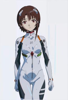 1girl ai-generated artist_request breasts brown_hair closed_mouth cosplay gluteal_fold hair_ornament highres iwakura_lain looking_at_viewer mecha_pilot_suit neon_genesis_evangelion petite plugsuit_(evangelion) red_eyes serial_experiments_lain short_hair simple_background skin_tight skinny small_breasts source_request