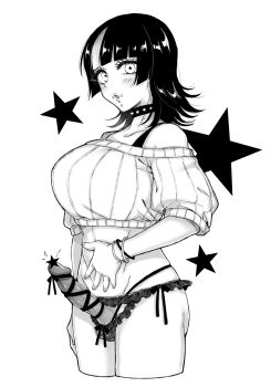 1futa :o black_bra black_hair bra breasts cropped_sweater crotchless crotchless_panties disgust face_piercing futanari greyscale highres hoshi_kirara jujutsu_kaisen large_breasts lip_piercing long_hair looking_at_viewer midriff monochrome mouth_piercing multicolored_hair navel off_shoulder panties piercing pink_hair simple_background solo soooo_u sweater thong trap two-tone_hair underwear very_long_hair white_background wide_hips