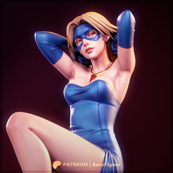 Rule 34 | 1girl, 3d, absurdres, armpits, arms up, artist request, blonde blazer, blonde hair, blue dress, blue mask, breasts, commentary, cowboy shot, dispatch, dress, elbow gloves, english commentary, eye mask, facing to the side, gem, gloves, gold necklace, hair lift, highres, jewelry, knee up, large breasts, legs, long dress, long hair, mask, narrow waist, necklace, patreon username, red gem, side slit, skin tight, slim legs, stool, strapless, strapless dress, thighs