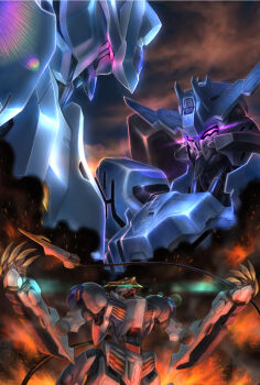 cable cable_tail claws fire glowing glowing_eyes green_eyes gundam gundam_bael gundam_barbatos_lupus_rex gundam_tekketsu_no_orphans gundam_vidar highres kyodairobo mecha mechanical_tail mobile_suit no_humans pink_eyes robot science_fiction tail v-fin