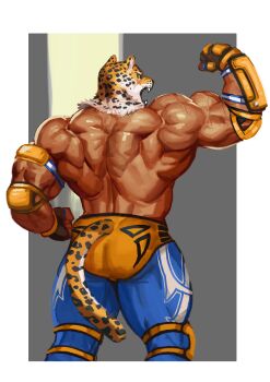 1boy absurdres animal_head bara blue_pants border clenched_hand clenched_hands commentary_request fake_tail flexing from_behind grey_background highres jaguar_tail king_(tekken) korean_commentary male_focus muscular muscular_male pants solo tail tekken topless_male traver009 veins veiny_arms white_border wrestler