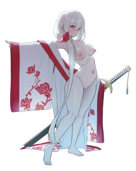 1girl absurdres barefoot breasts closed_mouth floral_print full_body hair_between_eyes highres holding holding_sword holding_weapon japanese_clothes katana kimono kimono_partially_removed long_hair long_sleeves medium_breasts naked_kimono navel nipples nude original pinion print_kimono pussy red_eyes simple_background solo standing sword very_long_hair weapon white_background white_hair white_kimono wide_sleeves