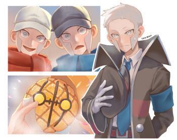 2boys baseball_cap black_coat blue_necktie brothers chandelure closed_mouth coat commentary emmet_(pokemon) gen_5_pokemon grey_eyes grey_hair hat highres holding holding_unworn_clothes holding_unworn_hat ingo_(pokemon) kookirani male_focus multiple_boys necktie nintendo open_mouth pokemon pokemon_bw red_necktie siblings unworn_hat unworn_headwear