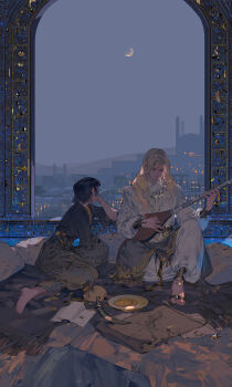 1boy 1girl anklet arabian_clothes barefoot black_hair blonde_hair building dagger food forehead_jewel harem_pants highres ibuki_satsuki instrument jewelry knife long_hair looking_outside lute_(instrument) middle_eastern_architecture moon music necklace night night_sky original pants paper parted_bangs pillow plate playing_instrument short_hair sitting sky weapon window