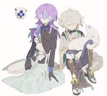 2boys :o arm_support bead_necklace beads black_gloves black_shirt blue_hair blue_pants boots brown_shoes closed_eyes colored_tips commentary_request full_body fur-trimmed_boots fur_trim ghost gloves grey_skirt half-jacket highres holding holding_weapon hoshirube_sho hoshirube_sho_(1st_costume) jacket japanese_clothes jewelry kariginu knee_boots knees_up komiroku long_hair long_sleeves male_focus multicolored_hair multiple_boys murakumo_kagetsu murakumo_kagetsu_(1st_costume) necklace nijisanji otomo_(hoshirube_sho) overskirt pants purple_hair sandals shirt shoes short_hair simple_background sitting skirt virtual_youtuber watakumo_(murakumo_kagetsu) weapon white_background white_hair white_jacket white_pants
