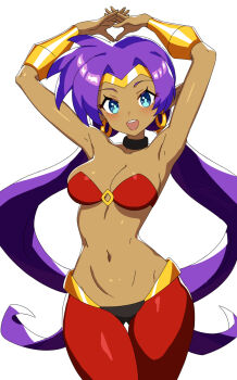 1girl arms_up bandeau blue_eyes bracer breasts choker cleavage dark-skinned_female dark_skin earrings highres hoop_earrings interlocked_fingers jewelry long_hair low_twintails medium_breasts navel open_mouth own_hands_together pants pointy_ears purple_hair red_pants revenantart shantae shantae_(series) solo twintails very_long_hair white_background