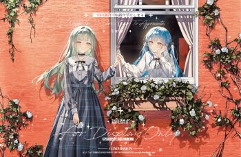 Rule 34 | 2girls, bang dream!, bang dream! it's mygo!!!!!, black choker, black ribbon, blue dress, blue hair, chinese commentary, choker, commentary request, dress, flower, frilled choker, frills, green hair, hair ribbon, highres, holding hands, long hair, long sleeves, multiple girls, neck ribbon, plaid clothes, plaid dress, ribbon, rose, shirt, sidelocks, togawa sakiko, two side up, umie (iowae), wakaba mutsumi, white flower, white rose, white shirt, window, yellow eyes, yuri