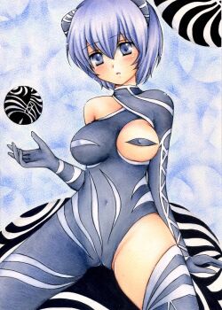 Rule 34 | 1girl, angel, angel (evangelion), angel chromosome xx, ball, black bodysuit, blue hair, blush, bodysuit, breasts, covering nipples, covering one nipple, covering privates, grey eyes, interface headset (evangelion), large breasts, leliel-xx, leliel (evangelion), marker (medium), mecha pilot suit, my (mylilla811), neon genesis evangelion, personification, plugsuit (evangelion), short hair, solo, thighhighs, traditional media, zettai ryouiki