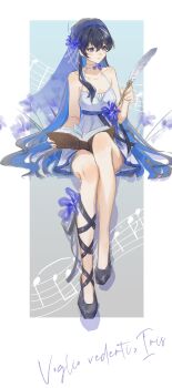 1girl :o absurdres asymmetrical_legwear bare_arms bare_legs black_hair black_shoes blue_flower blue_hair blue_hairband blush book border collarbone colored_inner_hair dress flower hair_between_eyes hair_flower hair_ornament hairband halter_dress halterneck highres holding holding_book holding_pen invisible_chair iris_(flower) knee_blush knee_up long_hair looking_to_the_side mismatched_legwear mriyak multicolored_hair musical_staff nib_pen_(object) outside_border pen punishing:_gray_raven purple_eyes selena_(pgr) shoes shoulder_blush sitting solo very_long_hair white_border white_dress