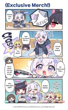 Rule 34 | 5girls, ahoge, ahoge wag, airi (blue archive), animal ears, animal print, blonde hair, blue archive, bright pupils, brown eyes, brown hair, bucket, cat print, character name, chibi, closed eyes, clothes around waist, clothes writing, clumsy, commentary, crossed arms, donmin h, english commentary, english text, expressive hair, frown, hair intakes, hair ornament, halo, highres, jitome, kazusa (band) (blue archive), kazusa (blue archive), long hair, low twintails, motion lines, multicolored hair, multiple girls, natsu (band) (blue archive), natsu (blue archive), no nose, official art, one eye closed, open mouth, outstretched arms, pink hair, pink halo, pleated skirt, print shirt, reisa (blue archive), sailor collar, shirt, short sleeves, skirt, smile, speech bubble, star (symbol), star hair ornament, twintails, two-tone hair, v-shaped eyebrows, wet jacket, white pupils, white sailor collar, white shirt, yoshimi (band) (blue archive), yoshimi (blue archive)