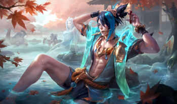 Rule 34 | 1girl, 3boys, abs, absurdres, alune (league of legends), architecture, arms up, bead bracelet, beads, black hair, blake byun, bracelet, choker, commentary, east asian architecture, english commentary, hair tie, hand in own hair, highres, holding, holding hair tie, holding own hair, jewelry, knee up, leaf, league of legends, male focus, maple leaf, maple tree, multicolored hair, multiple boys, official art, onsen, outdoors, partially submerged, prestige spirit blossom springs aphelios, reclining, rope belt, sett (league of legends), shorts, solo focus, spirit blossom springs sett, spirit blossom springs volibear, toned, toned male, tree, two-tone hair, tying hair, volibear, water, wet
