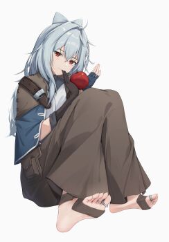 absurdres ahoge apple arlenbell asymmetrical_gloves belt belt_buckle blue_gloves blue_shirt bow-shaped_hair brown_belt brown_gloves brown_skirt buckle commission cross-shaped_pupils feet feet_up food fruit gloves grey_hair hair_between_eyes highres holding holding_food holding_fruit jewelry knees_up light_smile long_eyelashes long_hair long_toenails looking_at_viewer looking_to_the_side messy_hair on_floor original pouch red_eyes seductive_smile sharp_toenails shijinconghua shirt shoulder_pads silver_ring skirt smile soles symbol-shaped_pupils toe_ring toenails toes toes_up white_background white_hair white_trim