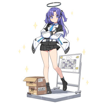 1girl black_gloves black_jacket black_shoes black_skirt blue_archive blue_necktie box cardboard_box closed_mouth collared_shirt commentary_request crossed_arms full_body gloves half_gloves halo hatsunatsu jacket long_hair long_sleeves looking_at_viewer necktie off_shoulder open_clothes open_jacket partial_commentary pleated_skirt puffy_long_sleeves puffy_sleeves purple_eyes purple_hair shirt shoes simple_background skirt small_sweatdrop solo sparkle standing standing_on_one_leg sweat two_side_up v-shaped_eyebrows very_long_hair white_background white_jacket white_shirt yuuka_(blue_archive)