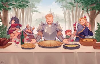 2girls 3boys absurdres alcohol arm_up armor artist_name beard black_hair blonde_hair blue_robe bottle bowl bracer bread_bun brown_hair castle cat_girl cat_tail chilchuck_tims closed_eyes closed_mouth commentary crossed_arms cup drinking_glass dungeon_meshi dwarf elf english_commentary facial_hair facing_to_the_side facing_viewer fake_horns fine_art_parody food forest full_beard hands_up helmet highres horned_helmet horns izutsumi laios_touden light_brown_hair long_beard long_hair long_sleeves looking_at_another marcille_donato meat monster_girl multiple_boys multiple_girls nature open_mouth outdoors pan_(bre4dp4n) parody pauldrons pie pointy_ears robe senshi_(dungeon_meshi) short_hair shoulder_armor soup table tail the_last_supper toasting_(gesture) tree upper_body very_short_hair wide_sleeves wine wine_bottle wine_glass