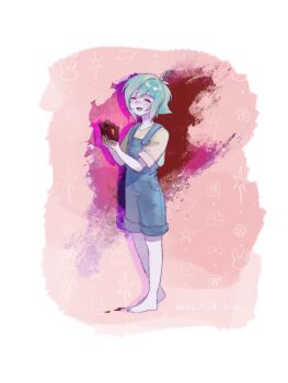 Rule 34 | 1boy, antenna hair, barefoot, basil (headspace) (omori), basil (omori), blue overalls, closed eyes, colored skin, commentary, double-parted bangs, full body, green hair, green shirt, hair between eyes, hashtag-only commentary, heart (organ), highres, holding, holding heart (organ), male focus, o51515o, omori, open mouth, overall shorts, overalls, shirt, short hair, short sleeves, sidelocks, smile, solo, t-shirt, tongue, white skin