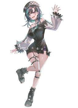 1girl :d aqua_hair beret black_choker black_hair black_hat black_shirt black_shoes black_socks braid braided_bangs breasts choker colored_inner_hair commentary_request full_body hand_up hat highres hololive hololive_dev_is jewelry knee_strap large_breasts long_shirt long_sleeves loose_socks maro2ki3 medium_hair multicolored_hair multiple_rings o-ring o-ring_thigh_strap off-shoulder_shirt off_shoulder open_mouth purple_shorts purple_streaks raglan_sleeves red_eyes rindo_chihaya rindo_chihaya_(1st_costume) ring shirt shoes short_shorts shorts simple_background smile socks solo standing standing_on_one_leg swept_bangs tank_top teeth thigh_strap upper_teeth_only virtual_youtuber waving white_background white_sleeves white_streaks white_tank_top