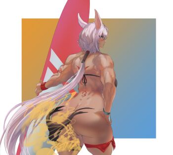 1girl absurdres anus ass ass_focus back bikini black_bikini body_markings border caenis_(fate) caenis_(swimsuit_rider)_(fate) caenis_(swimsuit_rider)_(first_ascension)_(fate) cowboy_shot dark-skinned_female dark_skin fart fate/grand_order fate_(series) female_focus from_behind gradient_background hand_on_own_hip highres hip_focus holding holding_surfboard light_smile melonarts2 muscular muscular_female outside_border pussy second-party_source shoulder_blades smell solo sound_effects surfboard swimsuit tattoo torn_clothes white_border white_hair wristband
