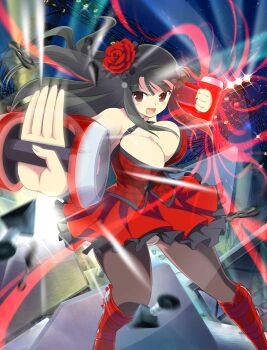 1girl :o battle belt black_hair black_pantyhose border breasts cleavage dress energy fighting_stance flower game_cg gauntlets hair_ornament hime_cut kunai large_breasts long_hair midair night night_sky official_alternate_costume official_art palm_strike panties pantyhose pantyshot plaid_clothes plaid_dress red_dress red_eyes red_flower red_rose rose senran_kagura senran_kagura_new_wave shuriken sky solo sparkle_background speaker stage stage_lights tsubaki_(senran_kagura) underwear weapon weaponized_instrument
