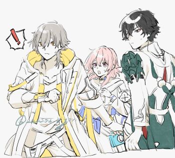 ! 1girl 2boys armor artist_name beads black_choker black_eyes blue_eyes blue_jacket blue_ribbon caelus_(honkai:_star_rail) camera chinese_clothes choker clenched_hand closed_mouth coat collarbone collared_shirt commentary_request cowboy_shot dan_heng_(honkai:_star_rail) dan_heng_(hunt)_(honkai:_star_rail) earclip earrings eyeshadow fingerless_gloves from_behind from_side gloves green_coat grey_hair hair_between_eyes hand_up highres honkai:_star_rail honkai_(series) hood hooded_coat jacket jewelry lapels long_sleeves looking_to_the_side makeup march_7th_(honkai:_star_rail) march_7th_(preservation)_(honkai:_star_rail) multicolored_coat multicolored_eyes multiple_boys open_clothes open_coat open_jacket open_mouth pants partially_colored pink_hair pleated_skirt purple_eyes purple_pupils red_eyeshadow ribbon shirt short_hair shoulder_armor sidelocks simple_background single_earring skirt standing sweatdrop t-shirt teeth tied_jacket trailblazer_(honkai:_star_rail) two-tone_coat v-shaped_eyebrows white_background white_coat wide-eyed yellow_coat yellow_eyes zassou_biyori