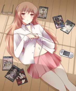 Rule 34 | 1boy, absurdres, ayukawa tenri, brown eyes, brown hair, choker, crossdressing, crossdressing (mtf), disgaea, dragon quest, elysia de lute ima, etna (disgaea), flonne, glasses, handheld game console, haqua d'rot herminium, highres, kamekichi (kamekiti), kami nomi zo shiru sekai, katsuragi keima, long hair, lying, male focus, minerva (kaminomi), miniskirt, nakagawa kanon, navel, nippon ichi, on back, open clothes, open shirt, patchouli knowledge, playstation portable, prinny, roto (dq3), shirt, skirt, solo, sony, touhou, trap, uemoto sumire, unworn eyewear, wooden floor