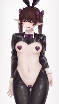 1girl absurdres alternate_costume animal_ears averting_eyes bow breasts brown_hair cowboy_shot crotchless crotchless_pantyhose embarrassed fake_animal_ears hair_bow heart_maebari heart_pasties highres himekaidou_hatate long_sleeves maebari medium_breasts pantyhose pasties pointy_ears purple_bow purple_eyes rabbit_ears reverse_bunnysuit reverse_outfit shrug_(clothing) simple_background solo son_(c100011) touhou twintails white_background