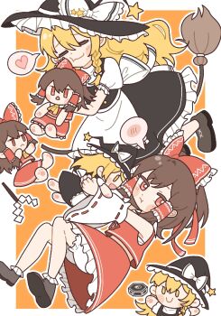 2girls apron back_bow black_hat black_skirt black_vest blonde_hair bloomers bow braid broom brown_hair character_doll chinese_commentary closed_eyes closed_mouth commentary_request detached_sleeves doll frilled_bow frilled_hair_tubes frilled_skirt frills gohei hair_bow hair_tubes hakurei_reimu hat hat_bow hat_ornament heart highres kirisame_marisa long_hair mini-hakkero multiple_girls pout red_bow red_eyes red_skirt ribbon-trimmed_sleeves ribbon_trim side_braid single_braid skirt skirt_set smile spoken_blush spoken_heart star_(symbol) star_hat_ornament touhou tsundere underwear very_long_hair vest white_apron white_bloomers white_bow witch_hat yuban_10330 yuri