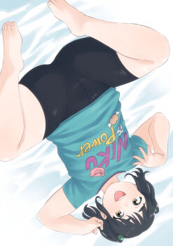 1girl :d ass barefoot bike_shorts black_hair blue_shirt brown_eyes commentary_request hair_bobbles hair_ornament looking_at_viewer lying mizu_kane on_back on_bed open_mouth original plump shirt short_twintails smile spread_legs t-shirt twintails