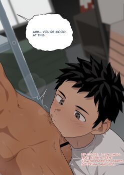 2boys black_hair deepthroat eukio fellatio multiple_boys oral original pubic_hair shirt short_hair speech_bubble sweat yaoi