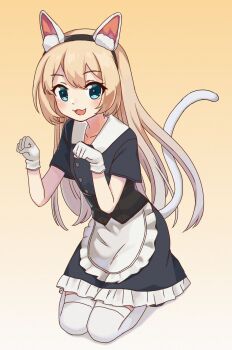 1girl :3 animal_ear_fluff animal_ears apron black_dress blonde_hair blue_eyes cat_ears cat_tail collarbone dress fake_animal_ears fake_tail frilled_apron frilled_dress frills gloves gradient_background halloween halloween_costume haruharu_snmn highres jervis_(halloween)_(kancolle) jervis_(kancolle) kantai_collection simple_background tail thighhighs white_apron white_gloves white_thighhighs yellow_background