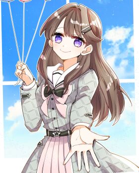 1girl alt_text balloon blue_sky bow bowtie brown_hair commentary_request cowboy_shot day dress fujishima_megumi grey_dress hair_intakes hair_ornament hairclip highres holding holding_balloon josho_kiryu_(love_live!) kanduki_kamibukuro light_particles link!_like!_love_live! long_hair looking_at_viewer love_live! offering_hand official_alternate_costume parallel_hairclips pink_bow pink_bowtie pink_dress plaid_clothes plaid_dress pleated_dress purple_eyes sailor_collar sailor_dress sky solo star_(symbol) star_hair_ornament virtual_youtuber white_sailor_collar