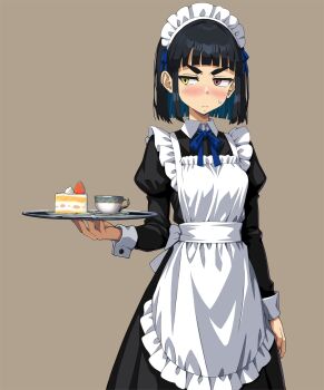 1girl abigail_ellison apron black_dress black_hair blue_ribbon blush breasts brown_background brown_eyes cake closed_mouth commentary_request cowboy_shot cup dress food frilled_apron frills fruit haruka_naru_enkei_sekai heterochromia highres holding holding_tray long_sleeves looking_to_the_side maid maid_apron maid_headdress medium_breasts neck_ribbon onimushi_hyogo ribbon ribbon_hair shironagasu-tou_e_no_kikan short_hair simple_background solo standing strawberry sweatdrop thick_eyebrows tray white_apron yellow_eyes