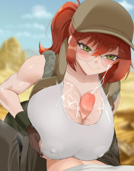 1boy 1girl absurdres baseball_cap blurry blurry_background blush breasts brown_hair cleavage clothed_paizuri commission commissioner_upload covered_erect_nipples cum cum_on_body cum_on_breasts cum_on_clothes cum_on_upper_body day deepspace desert ejaculation fingerless_gloves fio_germi glasses gloves green_eyes hat hetero highres huge_breasts in-universe_location looking_at_another marco_rossi metal_slug motion_lines naughty_face open_clothes open_vest outdoors paizuri paizuri_under_clothes pants penis ponytail pov pov_crotch shirt sidelocks sleeveless smile snk solo_focus speed_lines sweat sweatdrop tank_top uncensored vest white_shirt white_tank_top
